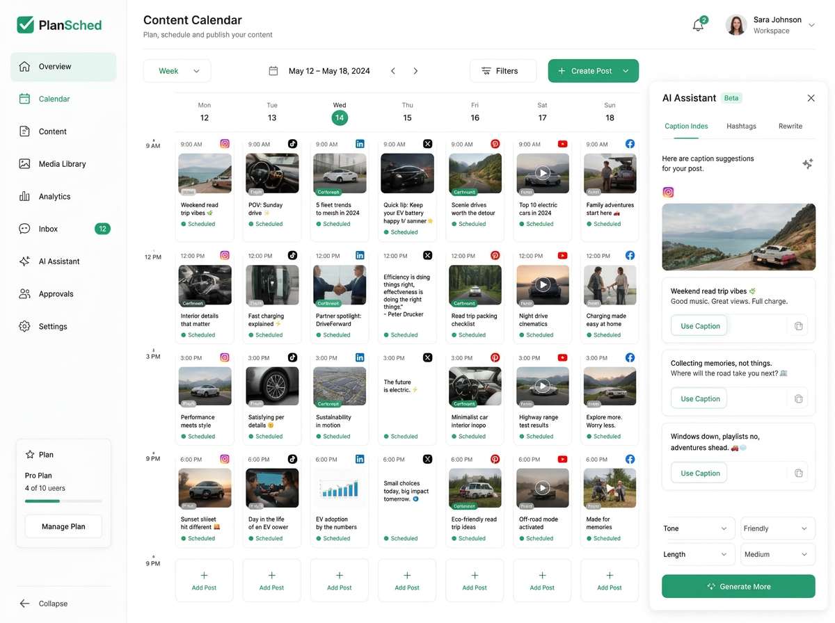 PlanSched content calendar scheduling posts across Instagram, TikTok, LinkedIn, X, Pinterest, YouTube and Facebook